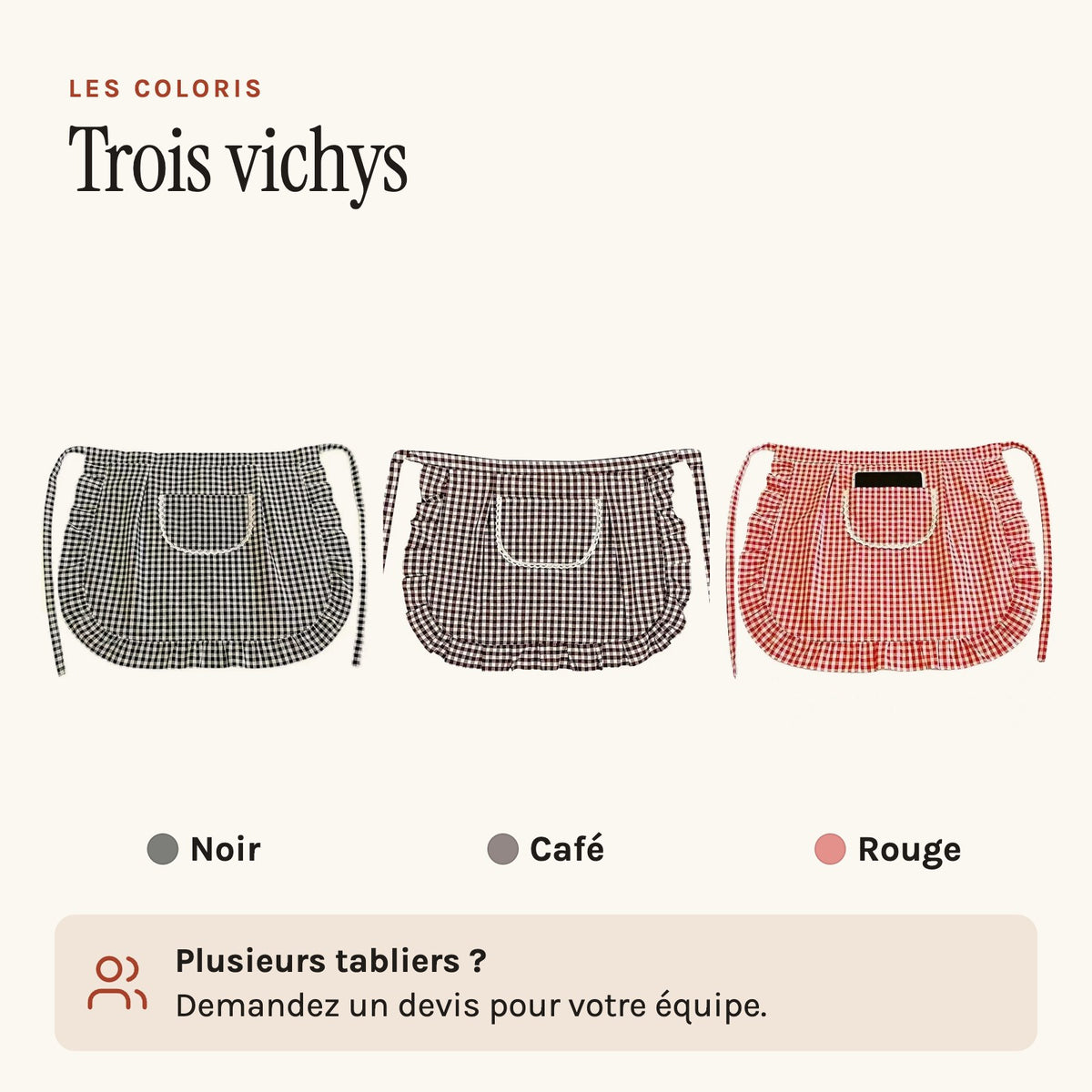 Torchon tablier vichy à volant, à nouer à la taille, les trois coloris