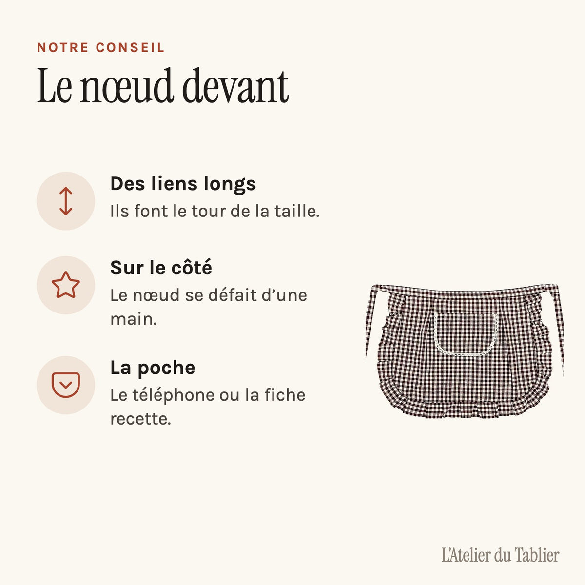 Torchon tablier vichy à volant, à nouer à la taille, vichy café, conseil de nouage