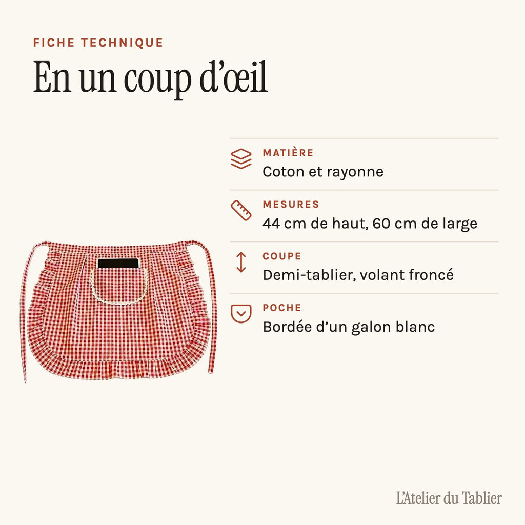 Torchon tablier vichy à volant, à nouer à la taille, fiche technique