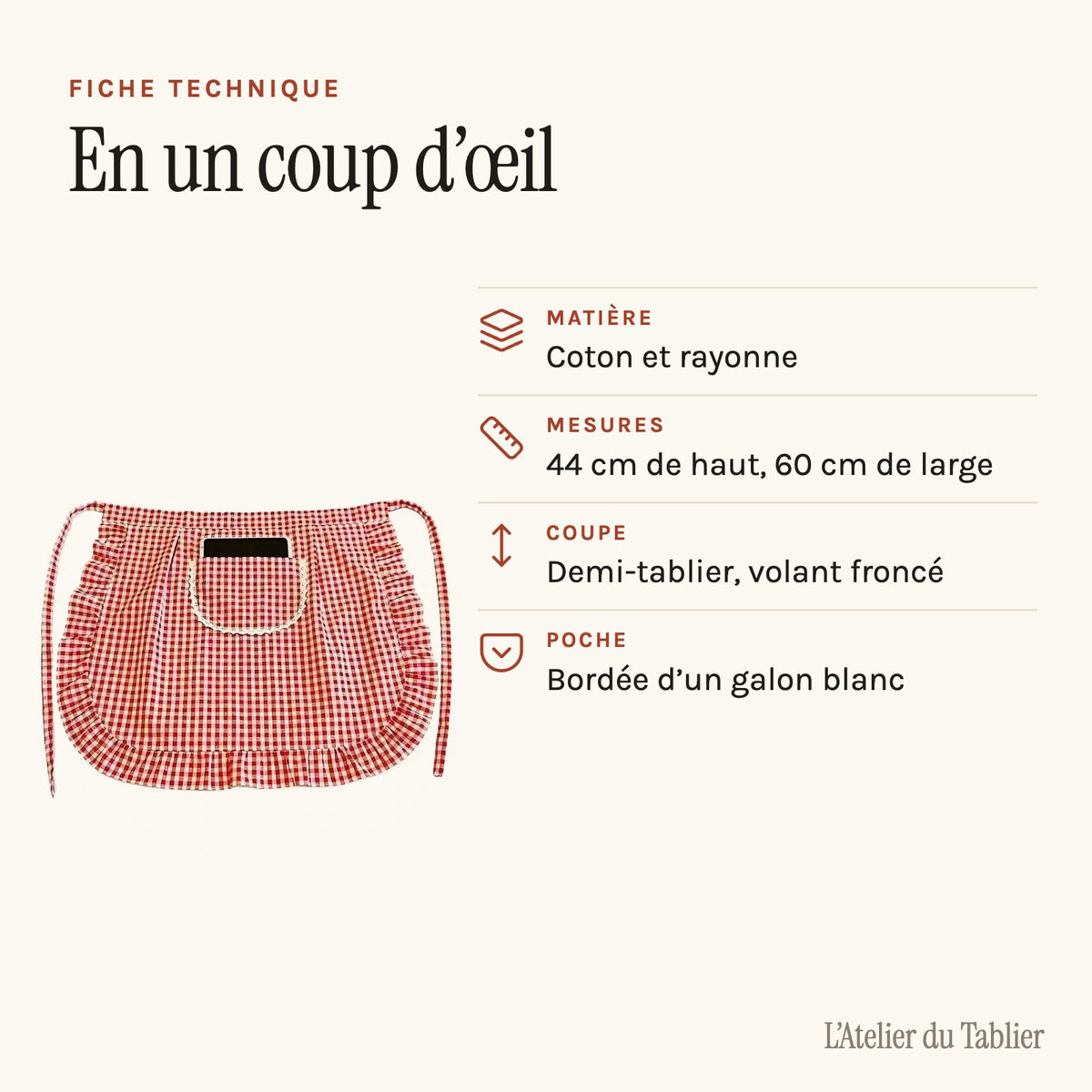 Torchon tablier vichy à volant, à nouer à la taille, fiche technique