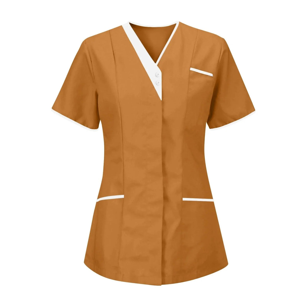 Tunique infirmière col V à liseré blanc, en dix-sept teintes, caramel, de face