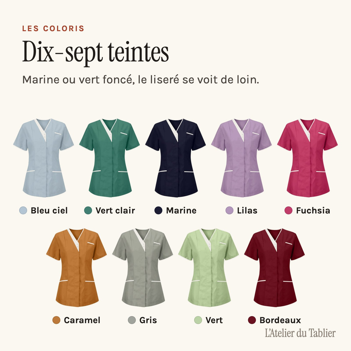 Tunique infirmière col V à liseré blanc, en dix-sept teintes, neuf des dix-sept teintes