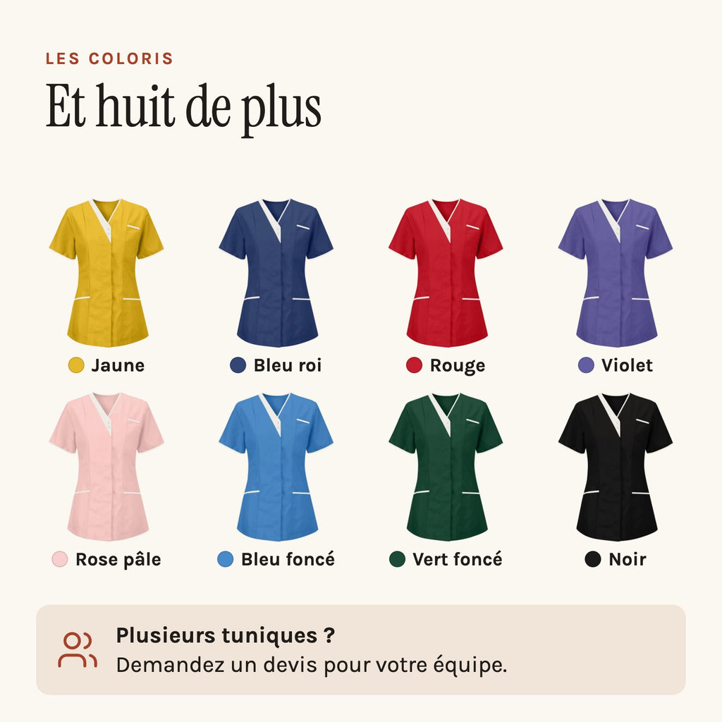 Tunique infirmière col V à liseré blanc, en dix-sept teintes, les huit autres teintes