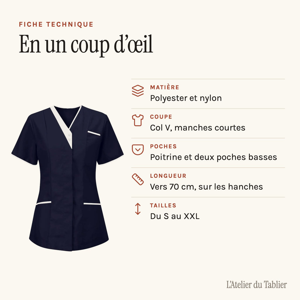 Tunique infirmière col V à liseré blanc, en dix-sept teintes, fiche technique