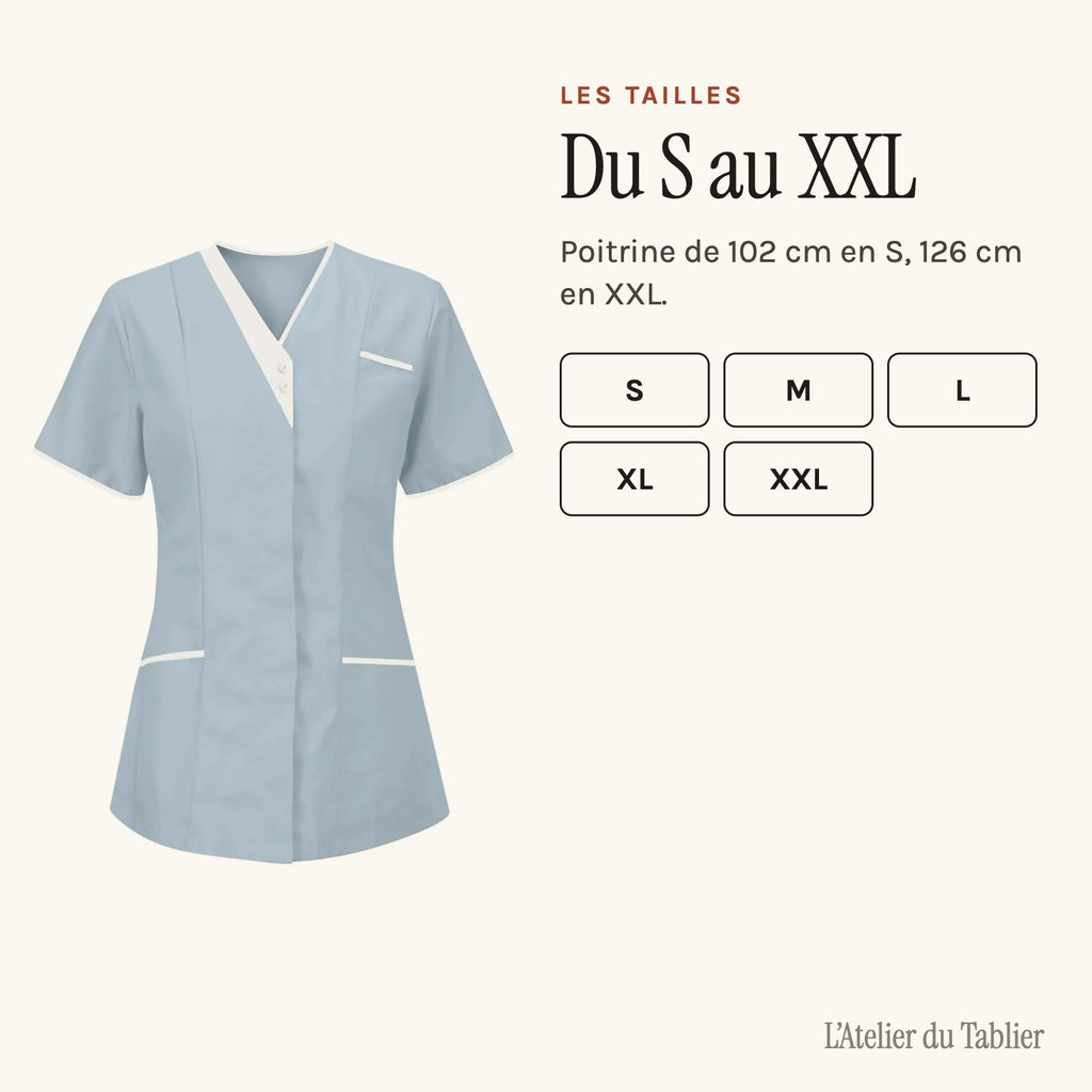 Tunique infirmière col V à liseré blanc, en dix-sept teintes, les tailles