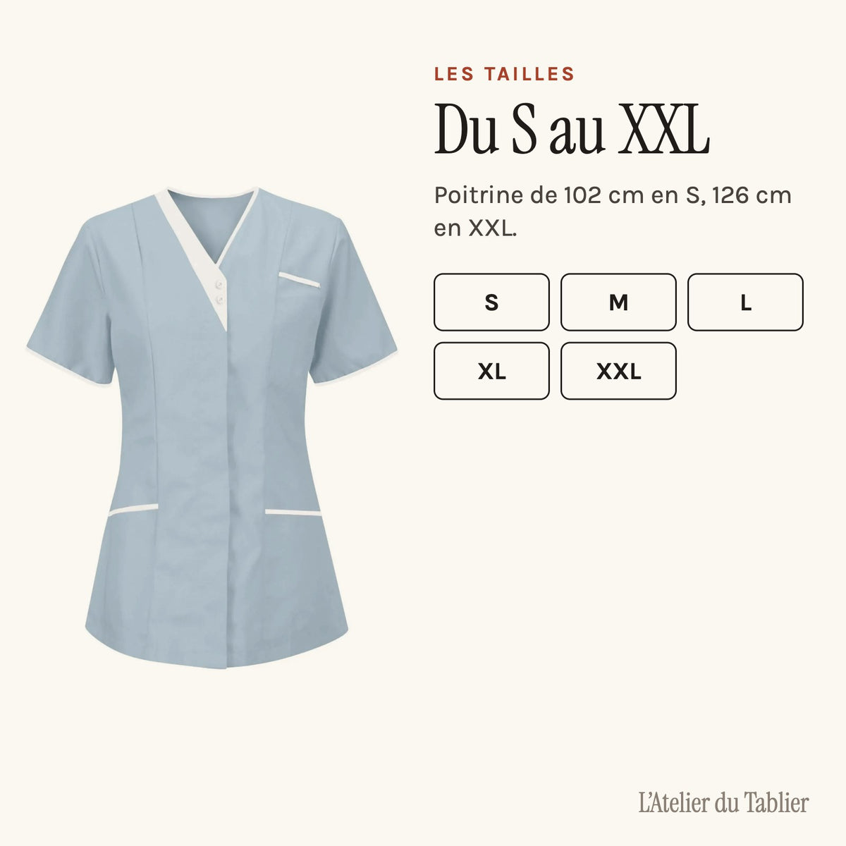 Tunique infirmière col V à liseré blanc, en dix-sept teintes, les tailles