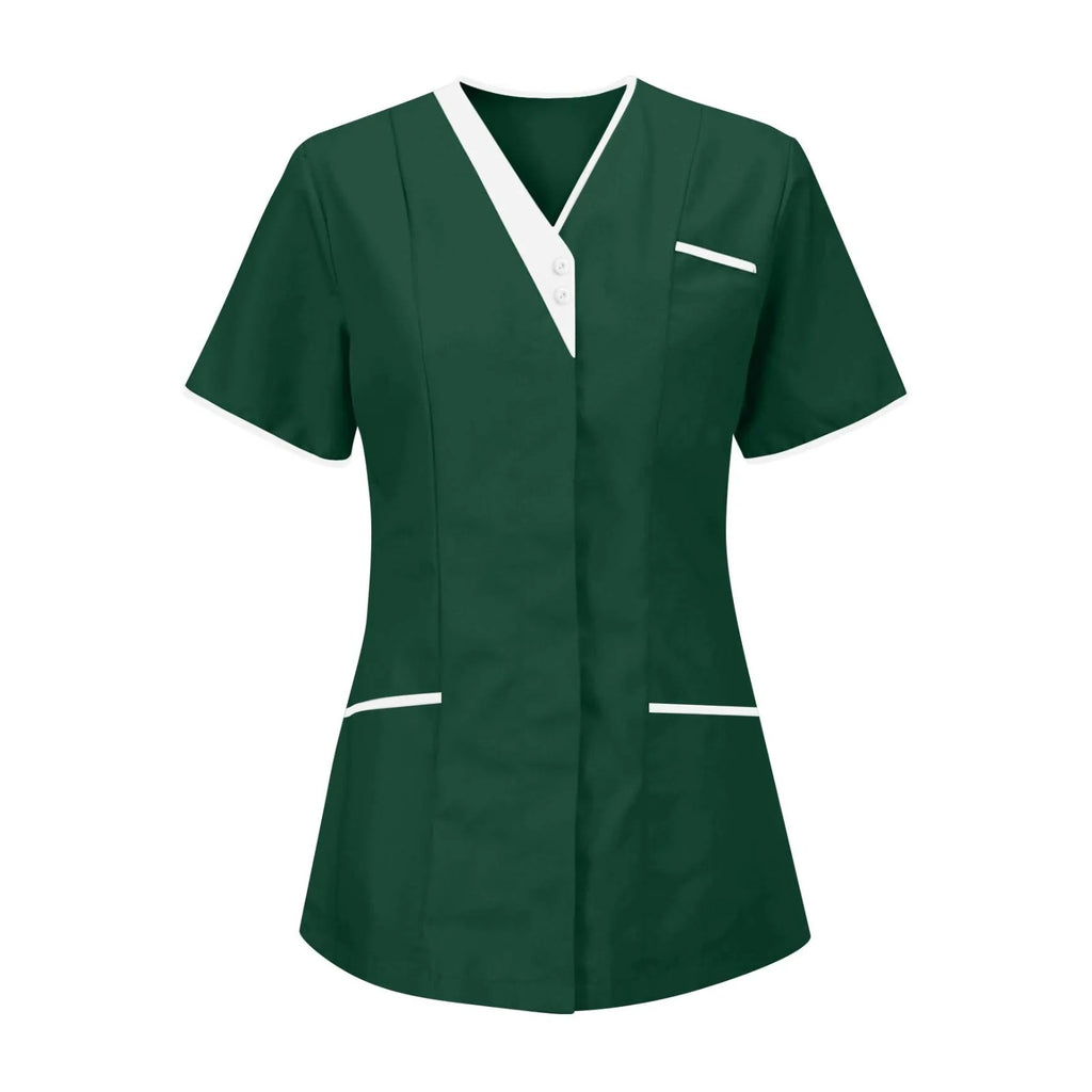 Tunique infirmière col V à liseré blanc, en dix-sept teintes, vert foncé, de face