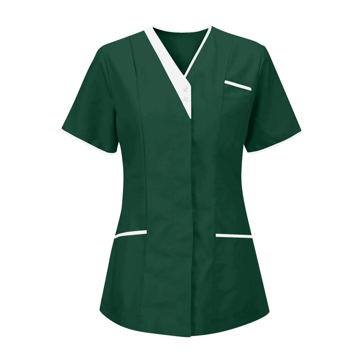 Tunique infirmière col V à liseré blanc, en dix-sept teintes, vert foncé, de face